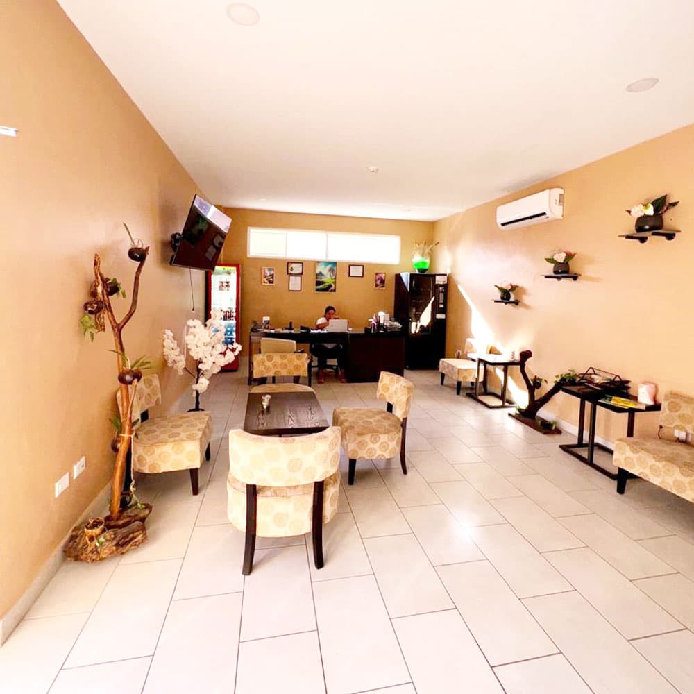 A spacious, warmly colored cafe featuring circular chairs, tables, and a reception area with decorative plants.