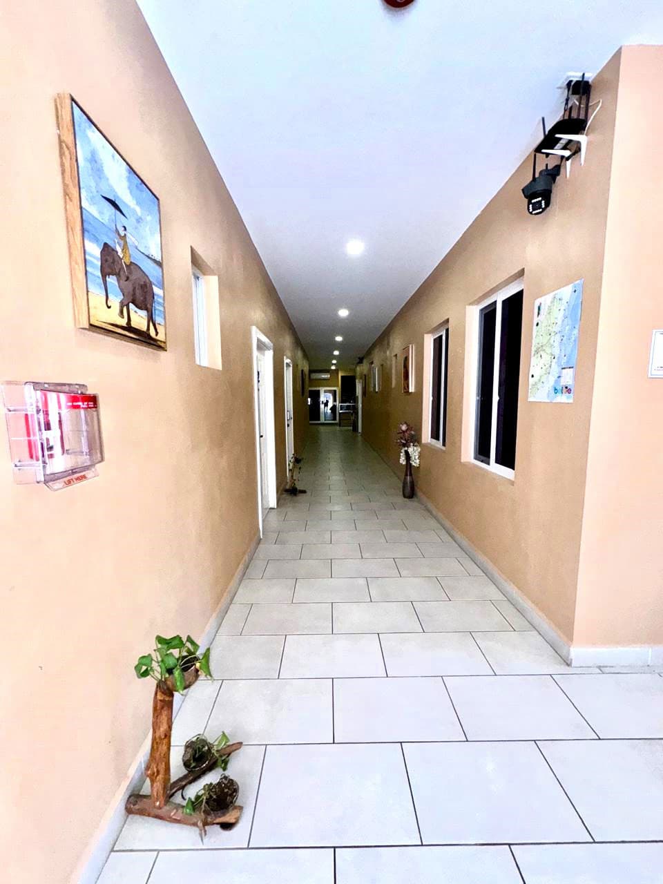 A well-lit hallway with beige walls, framed artwork, and decorative plants.